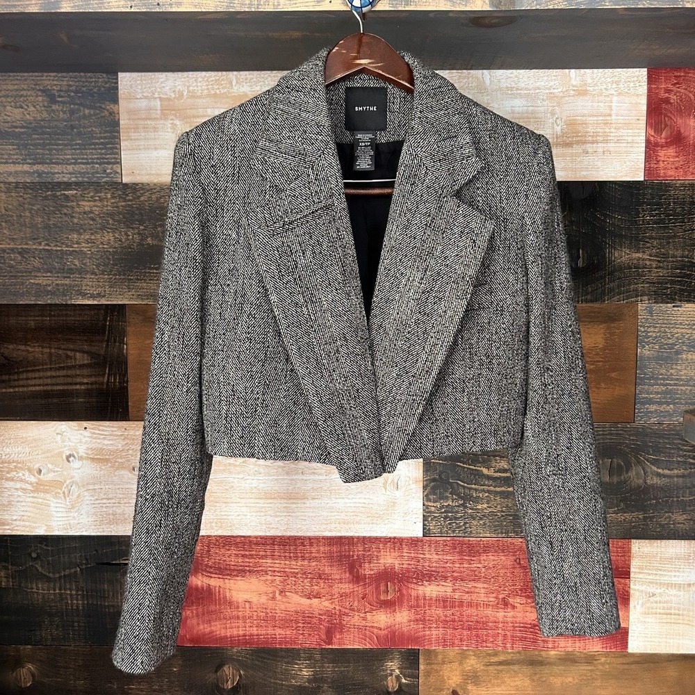Smythe Cut Off Blazer Herringbone Grey Wool Jacket Cropped XS